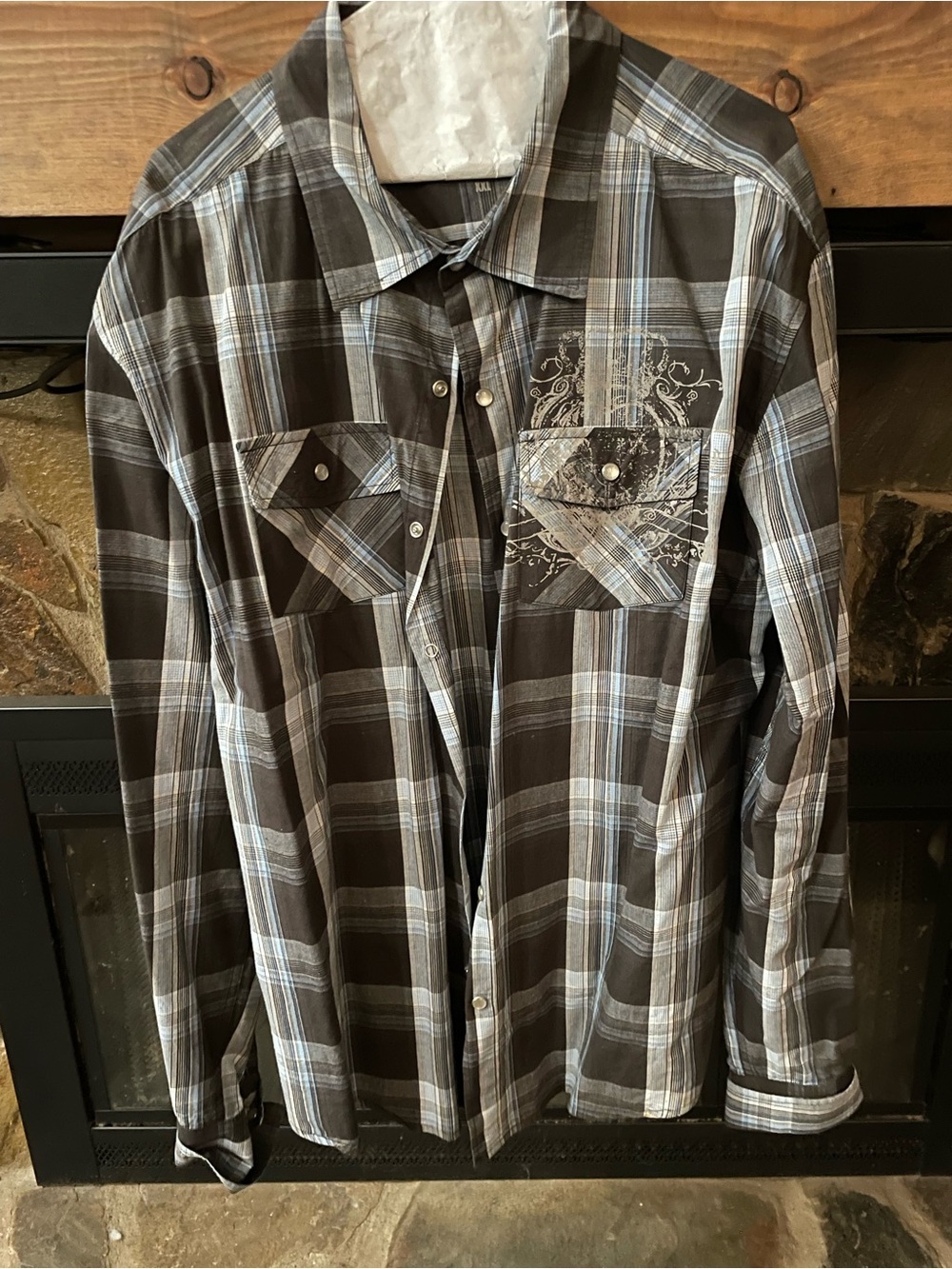 Have Men's Brown and Gray Plaid Button-Down Shirt with Chest Graphics